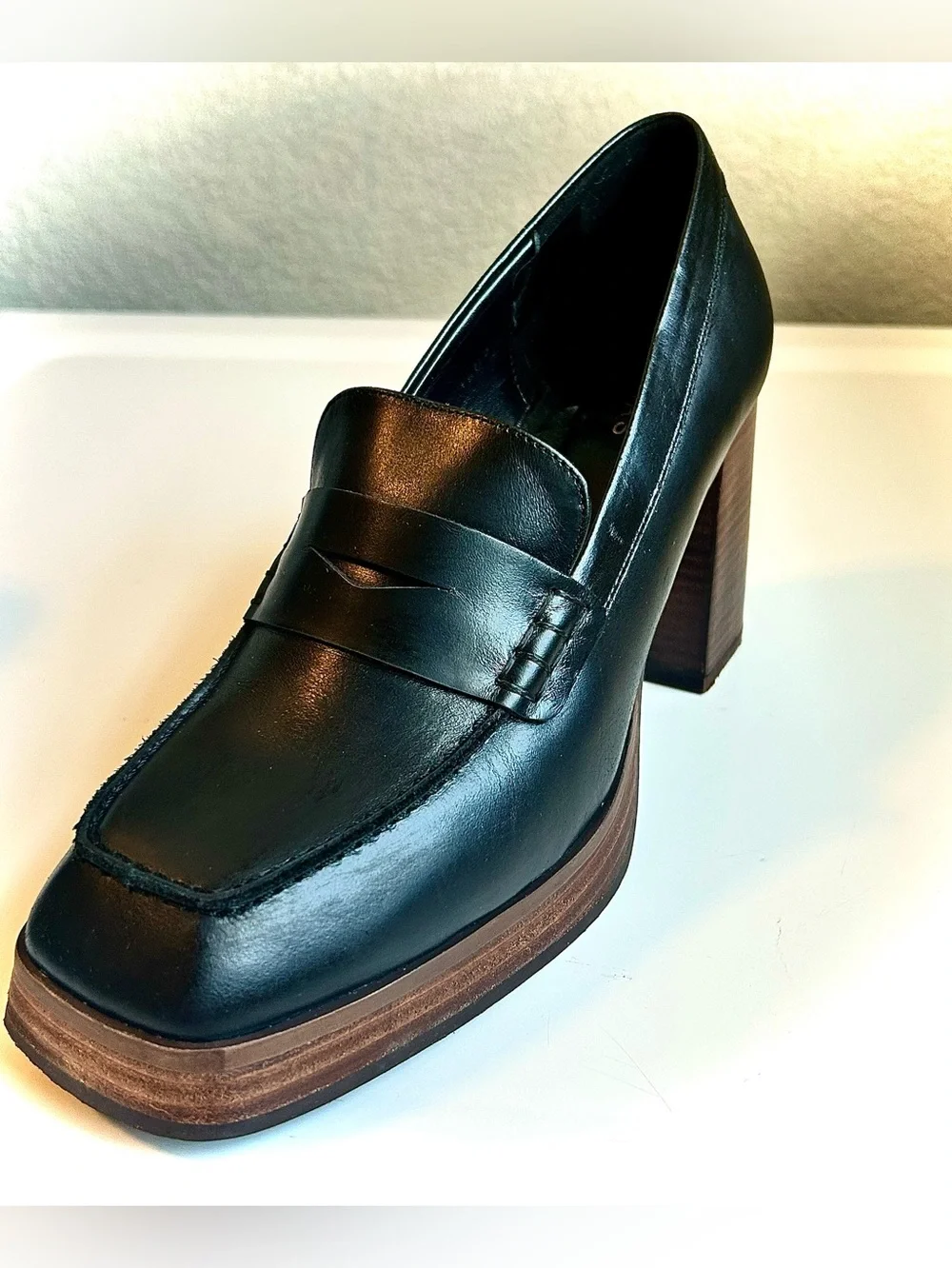 ALOHAS Busy Leather High Block Heel Penny Loafer Black 9